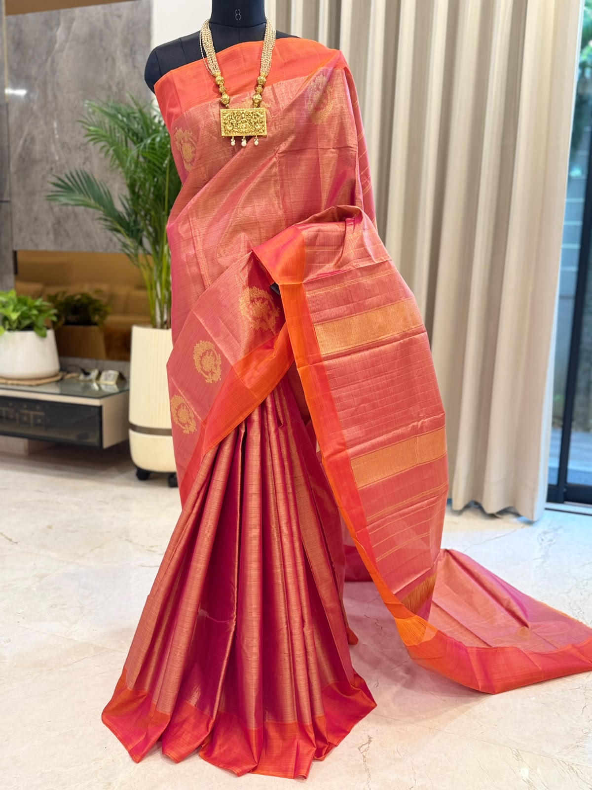 Coral Orange Pink Kanjivaram Saree