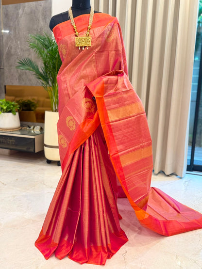 Coral Orange Pink Kanjivaram Saree