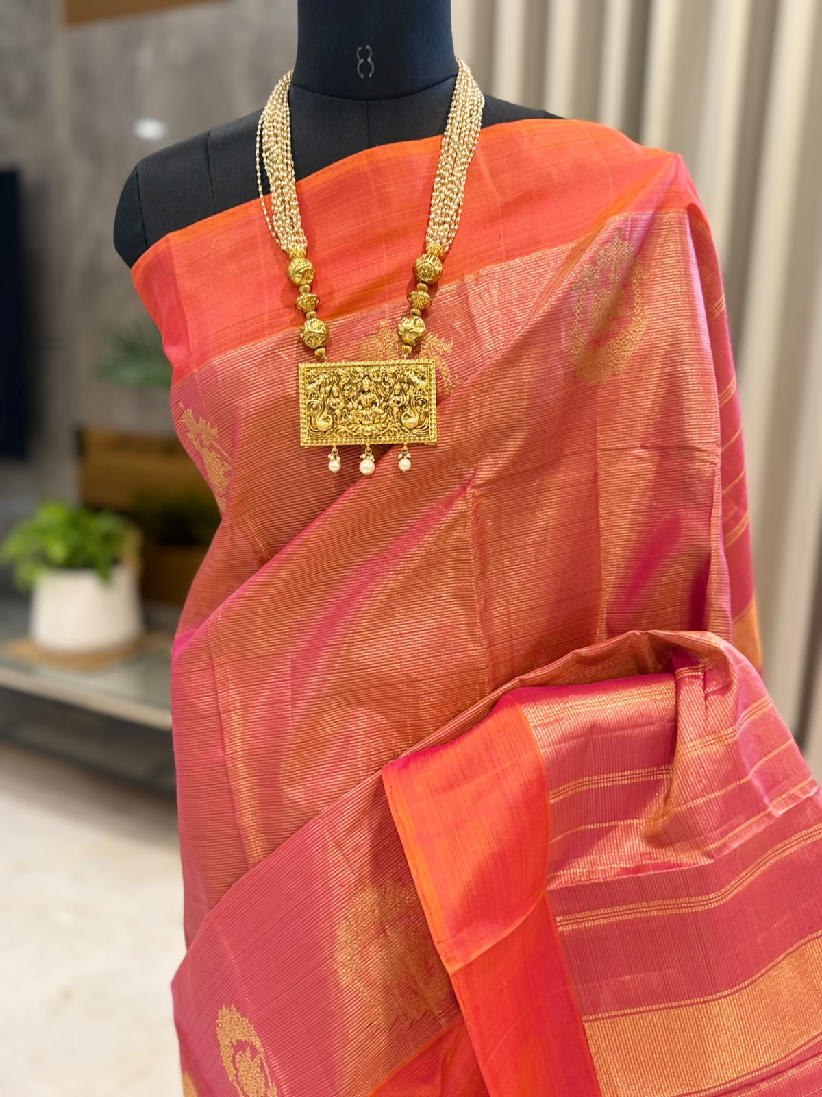 Coral Orange Pink Kanjivaram Saree