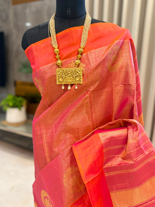 Coral Orange Pink Kanjivaram Saree