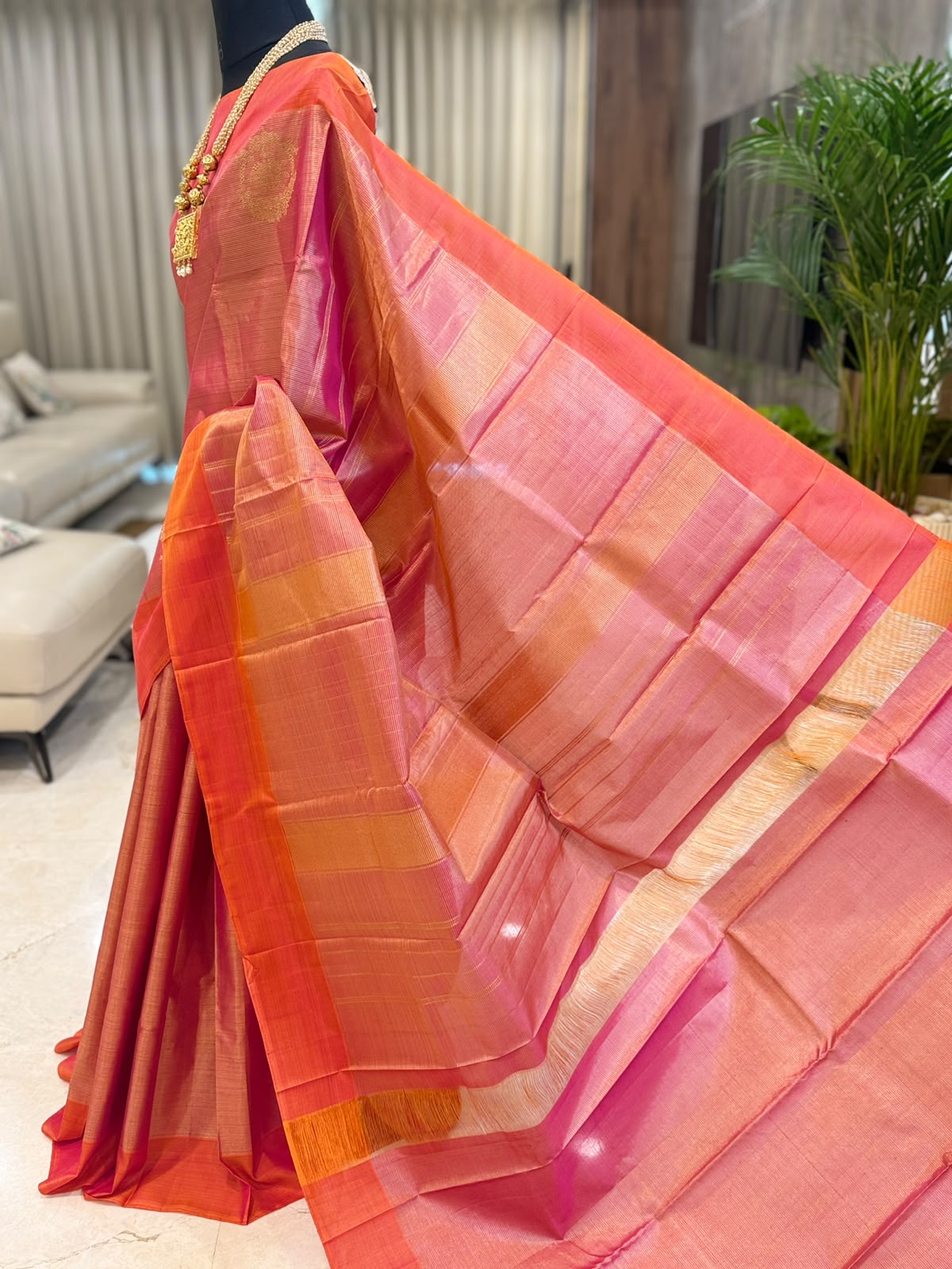 Coral Orange Pink Kanjivaram Saree