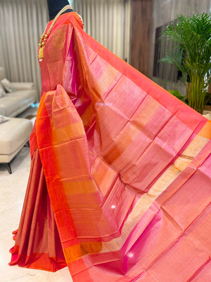 Coral Orange Pink Kanjivaram Saree