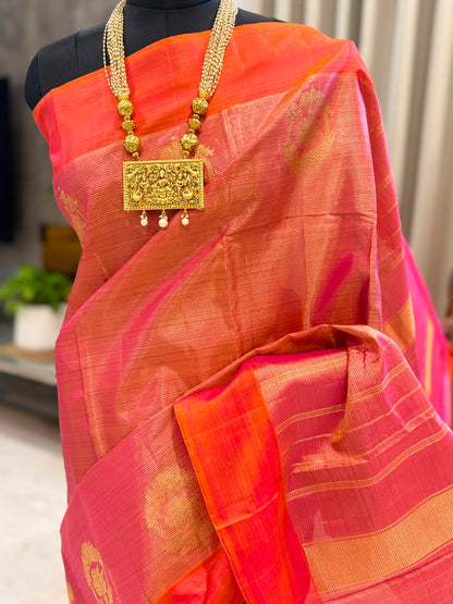 Coral Orange Pink Kanjivaram Saree