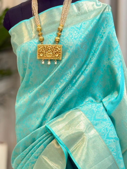 Aqua Blue Silver Zari Kanjivaram Saree