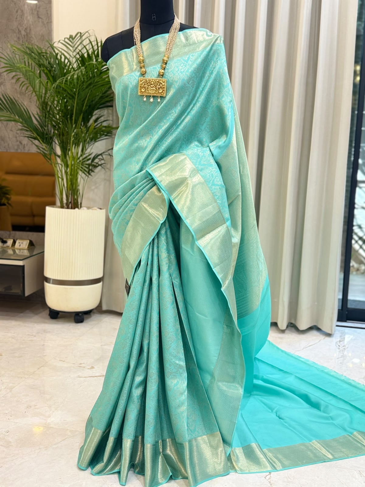 Aqua Blue Silver Zari Kanjivaram Saree