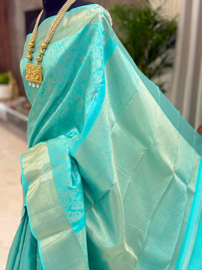 Aqua Blue Silver Zari Kanjivaram Saree