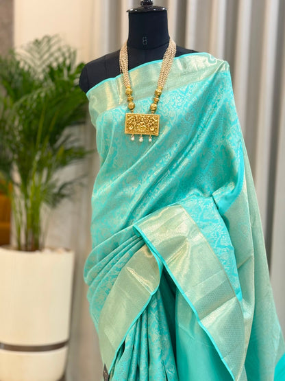 Aqua Blue Silver Zari Kanjivaram Saree