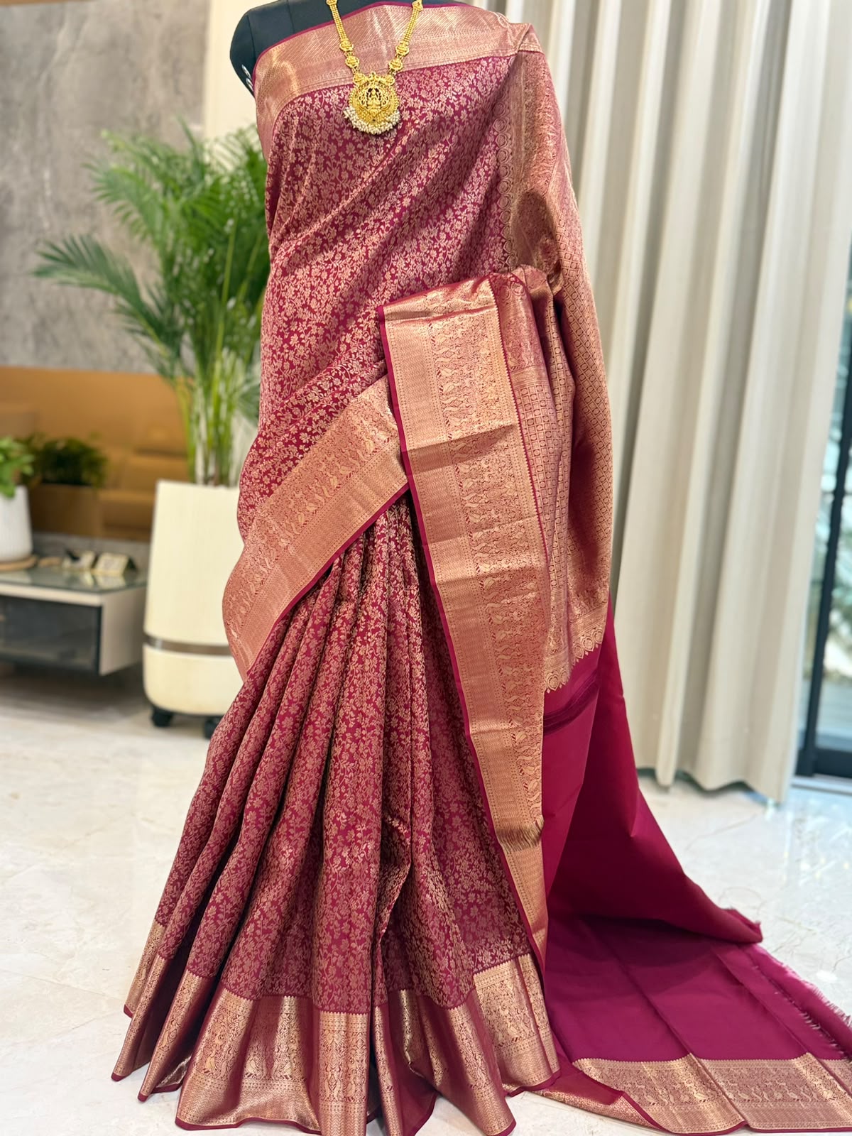 Wine Rose Gold Zari Kanjivaram Saree