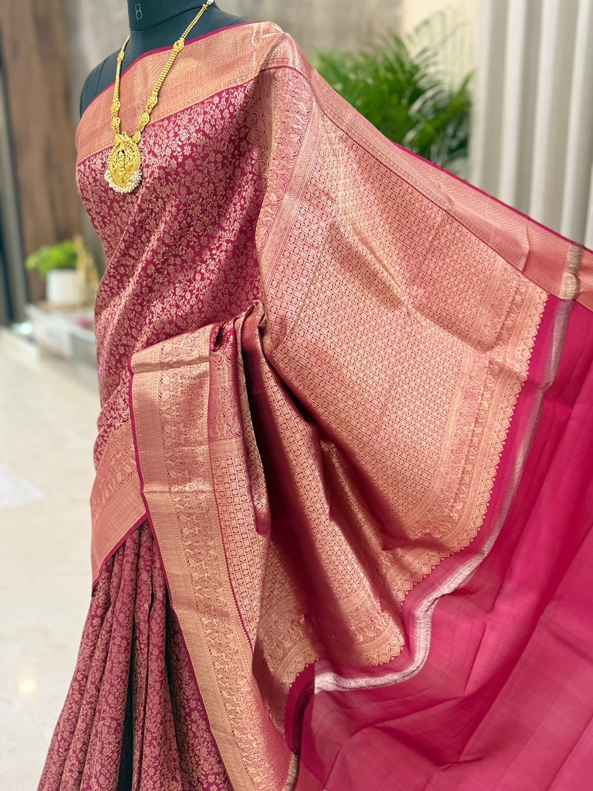 Wine Rose Gold Zari Kanjivaram Saree