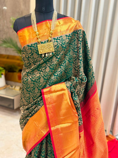 Emerald Green Crimson Kanjivaram Saree