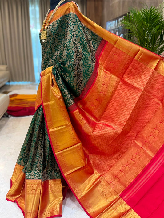 Emerald Green Crimson Kanjivaram Saree