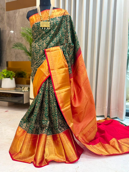 Emerald Green Crimson Kanjivaram Saree