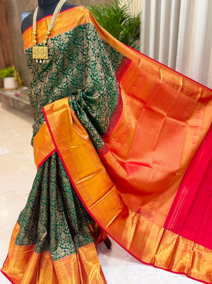 Emerald Green Crimson Kanjivaram Saree