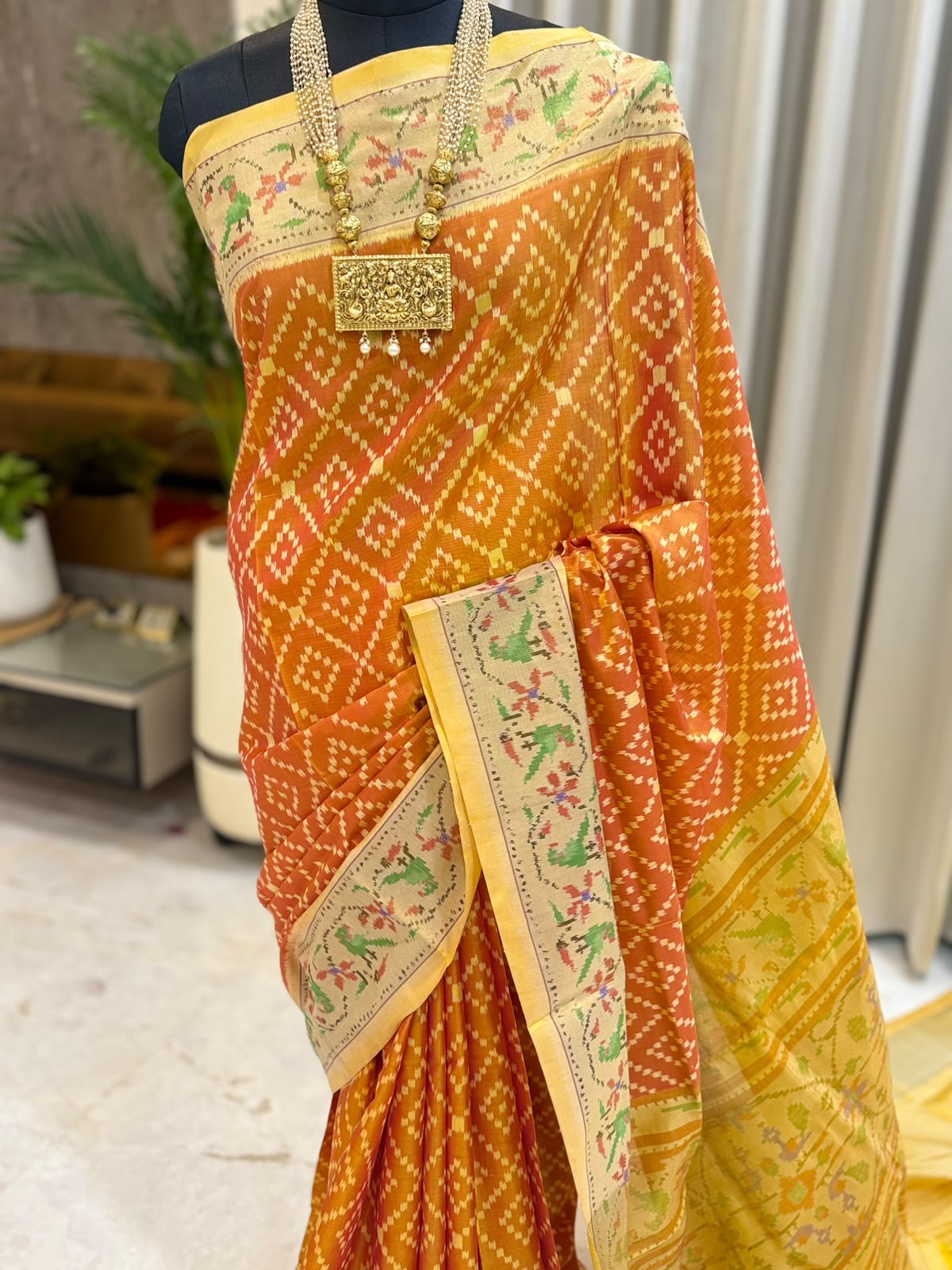 Burnt Orange Geometric Patola Silk Saree