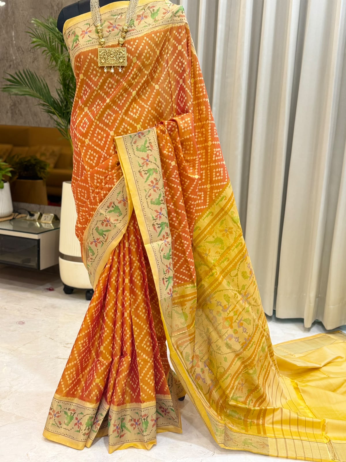 Burnt Orange Geometric Patola Silk Saree