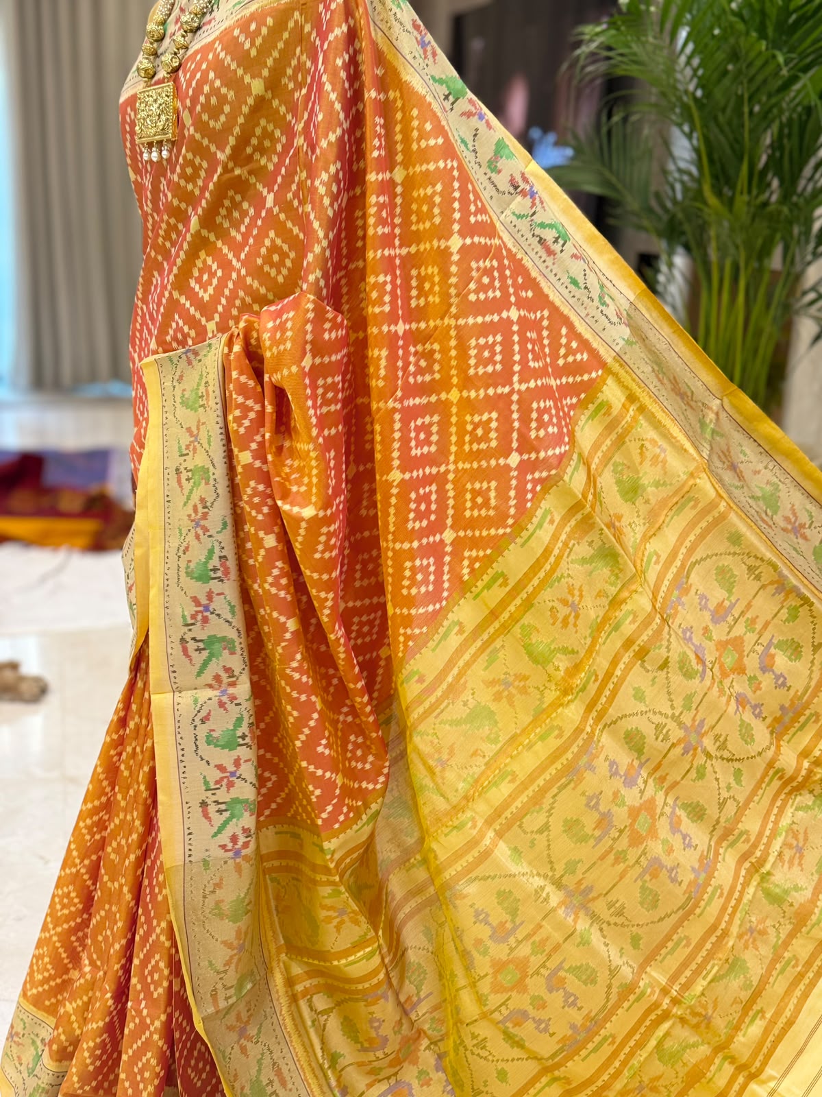 Burnt Orange Geometric Patola Silk Saree