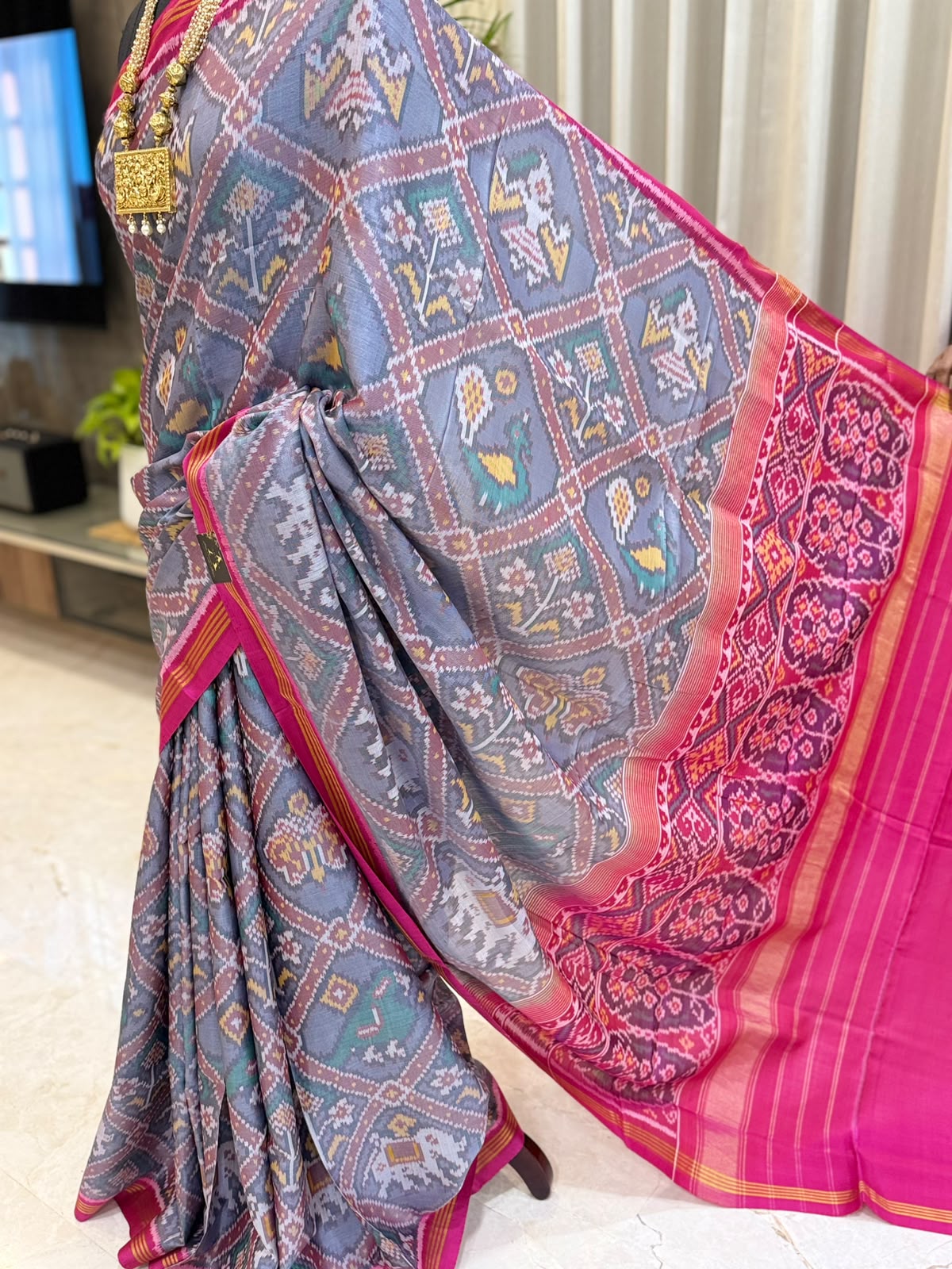 Grey Pink Heritage Patola Saree