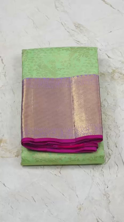 Vibrant Parrot Green with Golden Motifs & Violet-Pink Border